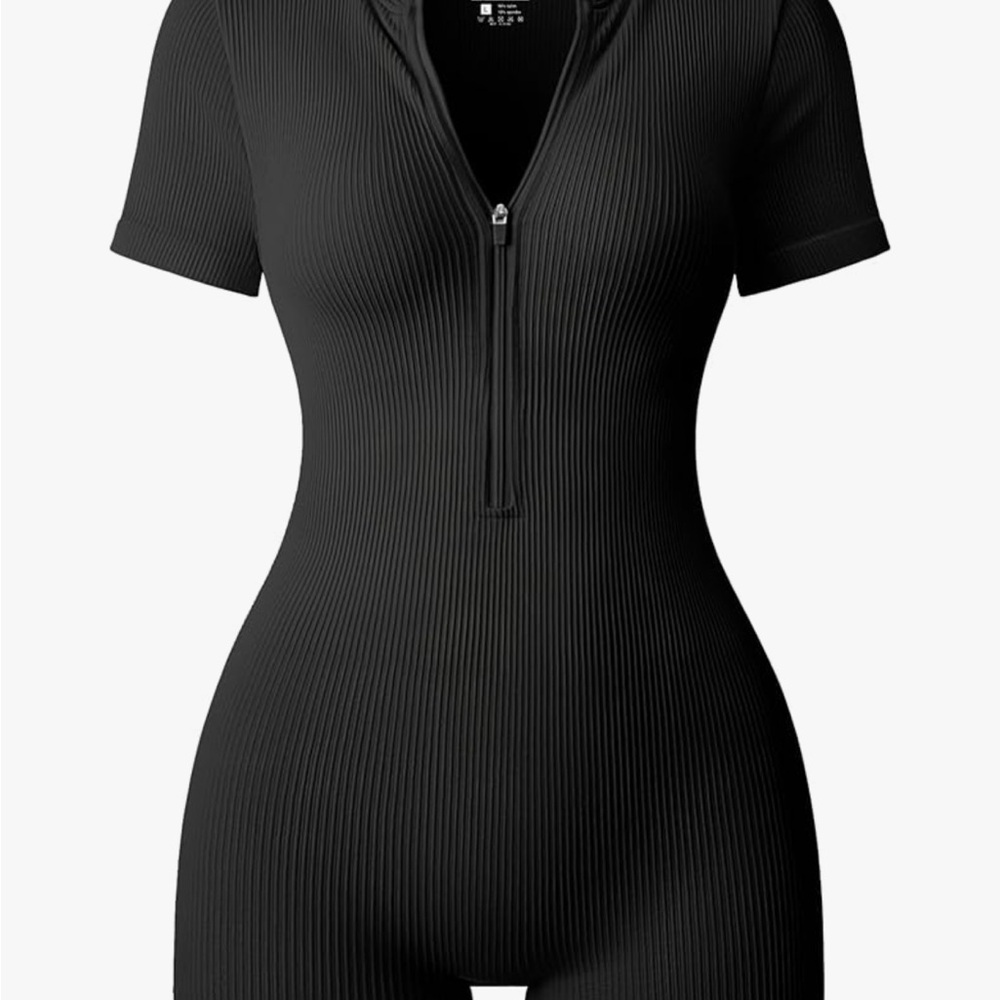 Black Ribbed Short Sleeve Zip-Up Bodysuit OQQ